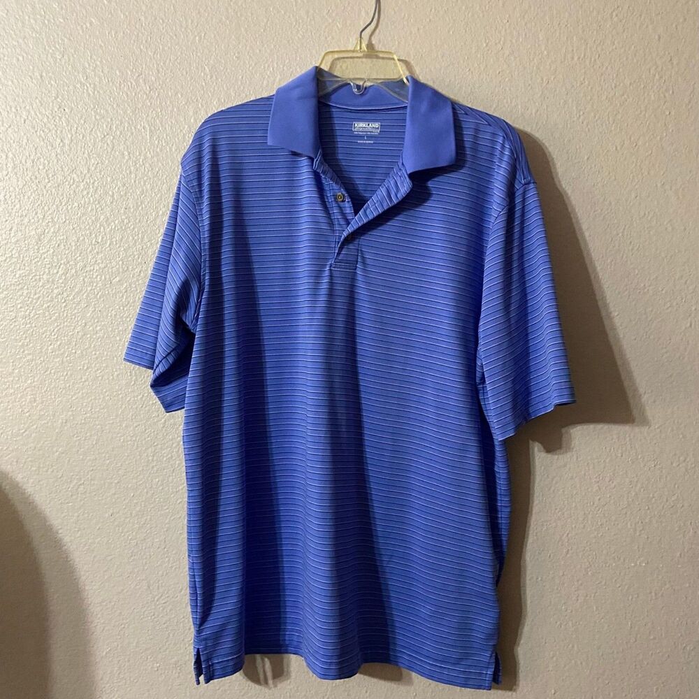 #7552 Mens Kirkland Signature Blue Striped Golf Shirt Size Large